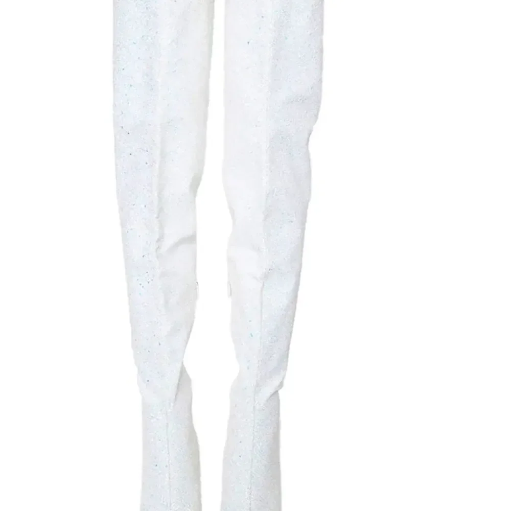 Pleaser Courtly 3015 synthetic white Iridescent glitter over the knee boots SZ13